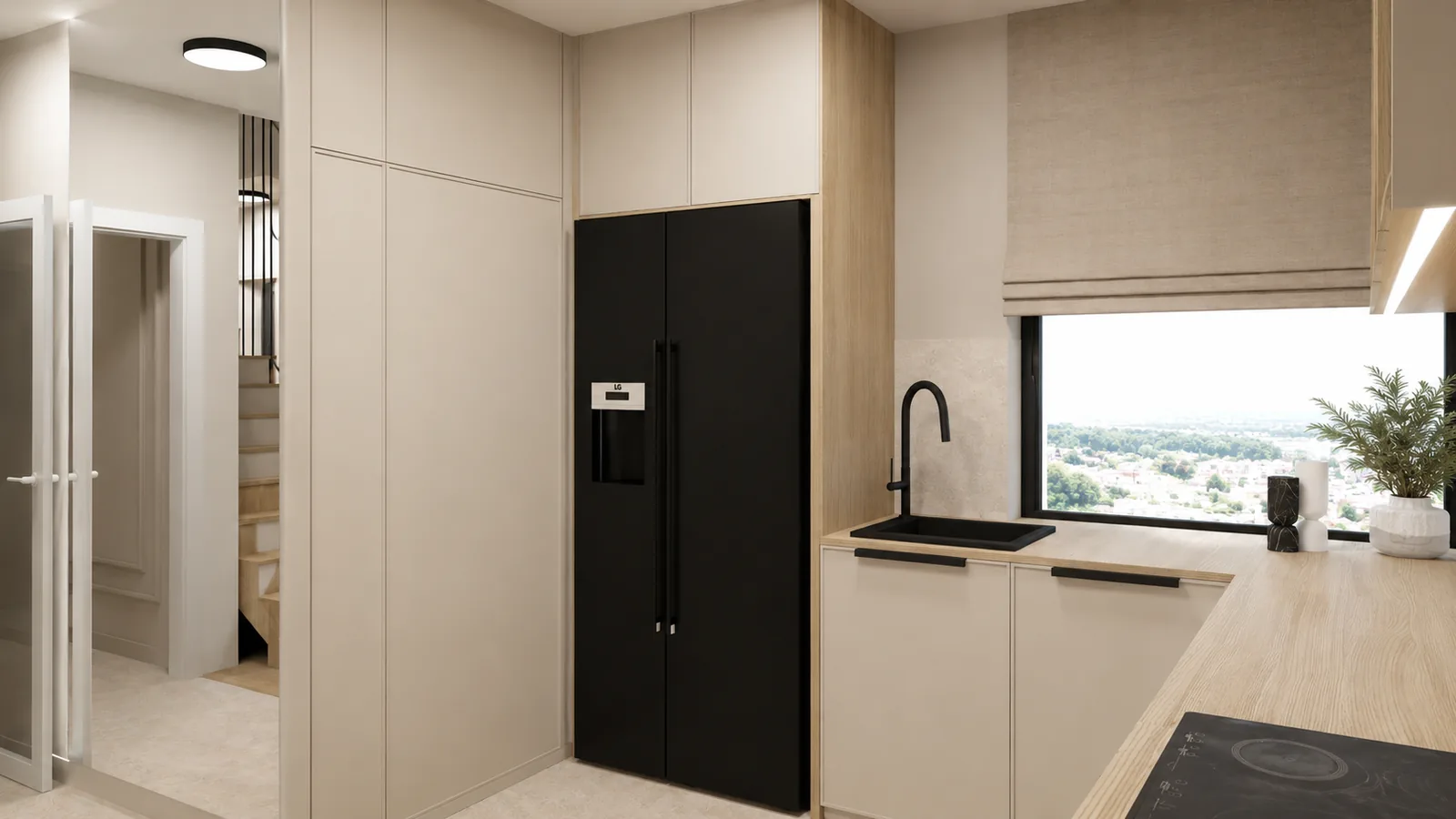 Wysoka zabudowa kuchni w kremowych frontach z czarną lodówką side by side — dom 100 m², Raszyn