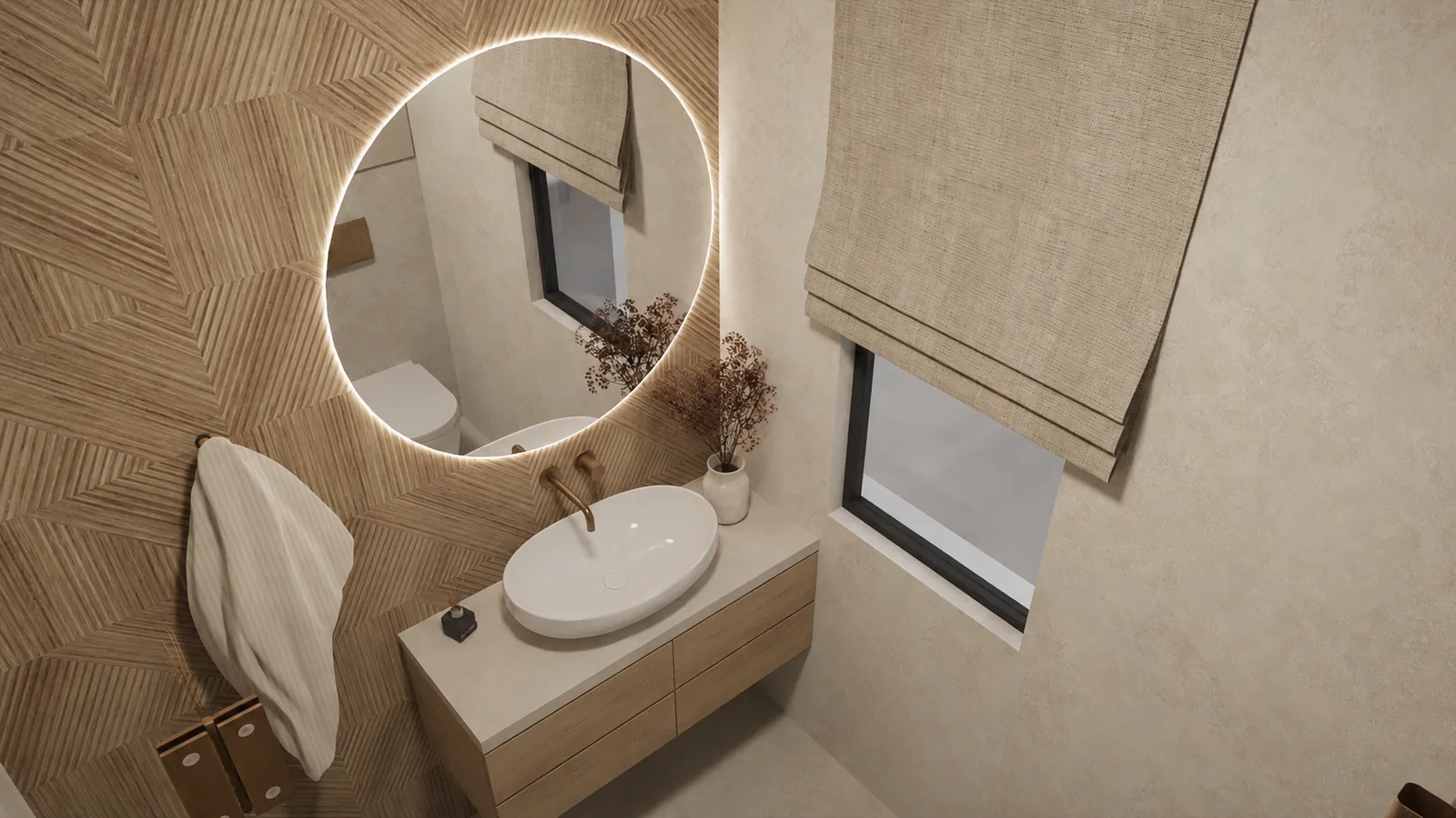Lustro z okrągłym podświetlanym lustrem i geometrycznym panelem drewnianym — dom 100 m², Raszyn