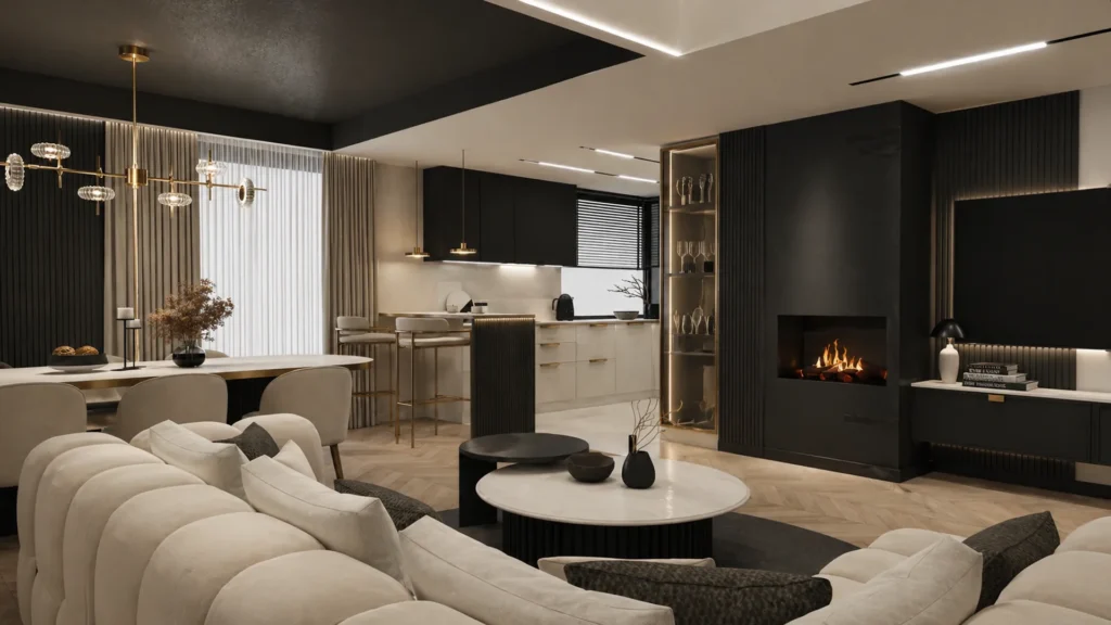 Otwarty salon z kremową sofą, czarną ścianą z kominkiem i złotym żyrandolem — dom 200 m², Radom