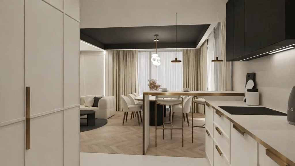 Kuchnia z jasnymi frontami i złotymi uchwytami z widokiem na jadalnię — dom 200 m², Radom