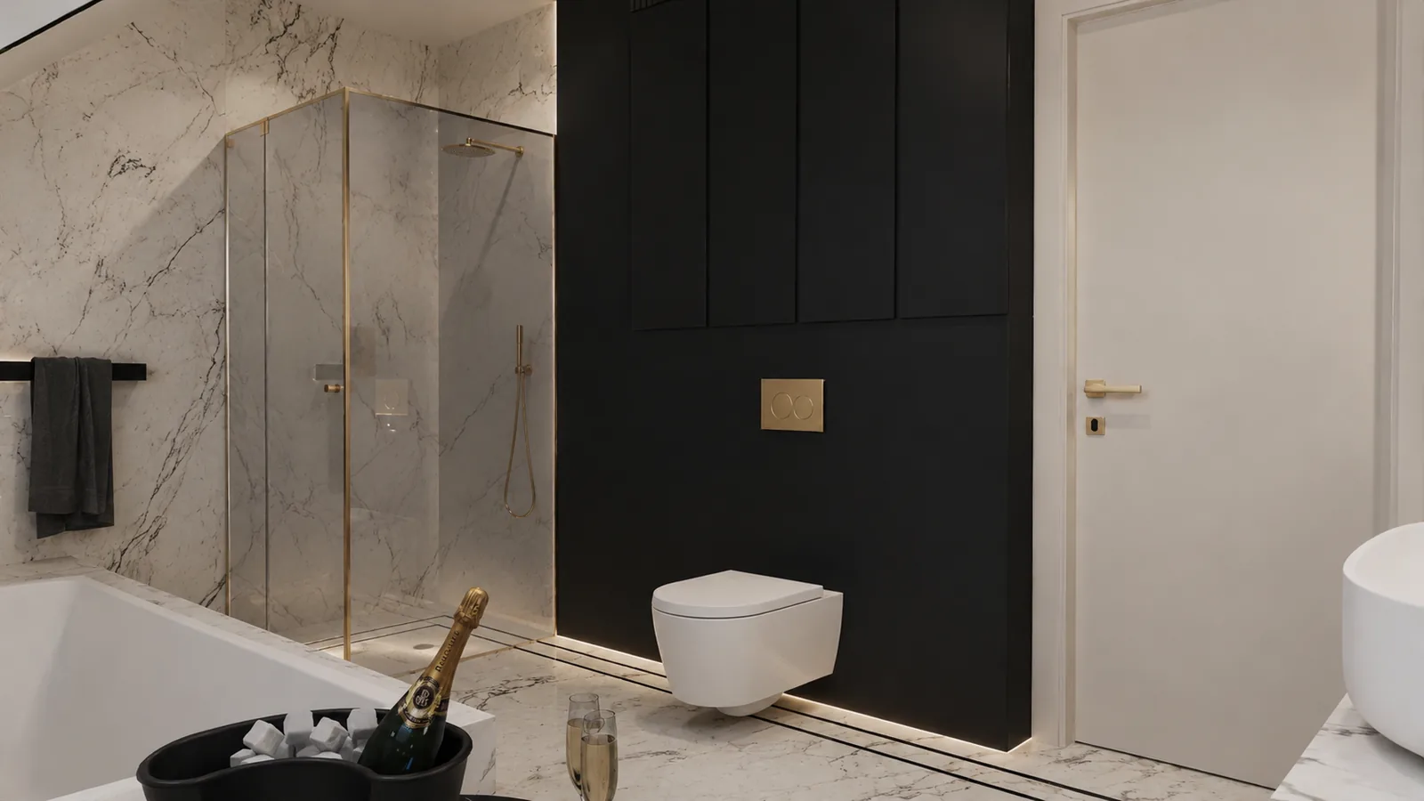 Prysznic ze złotą ramą i marmurowe ściany obok czarnej zabudowy WC — dom 200 m², Radom