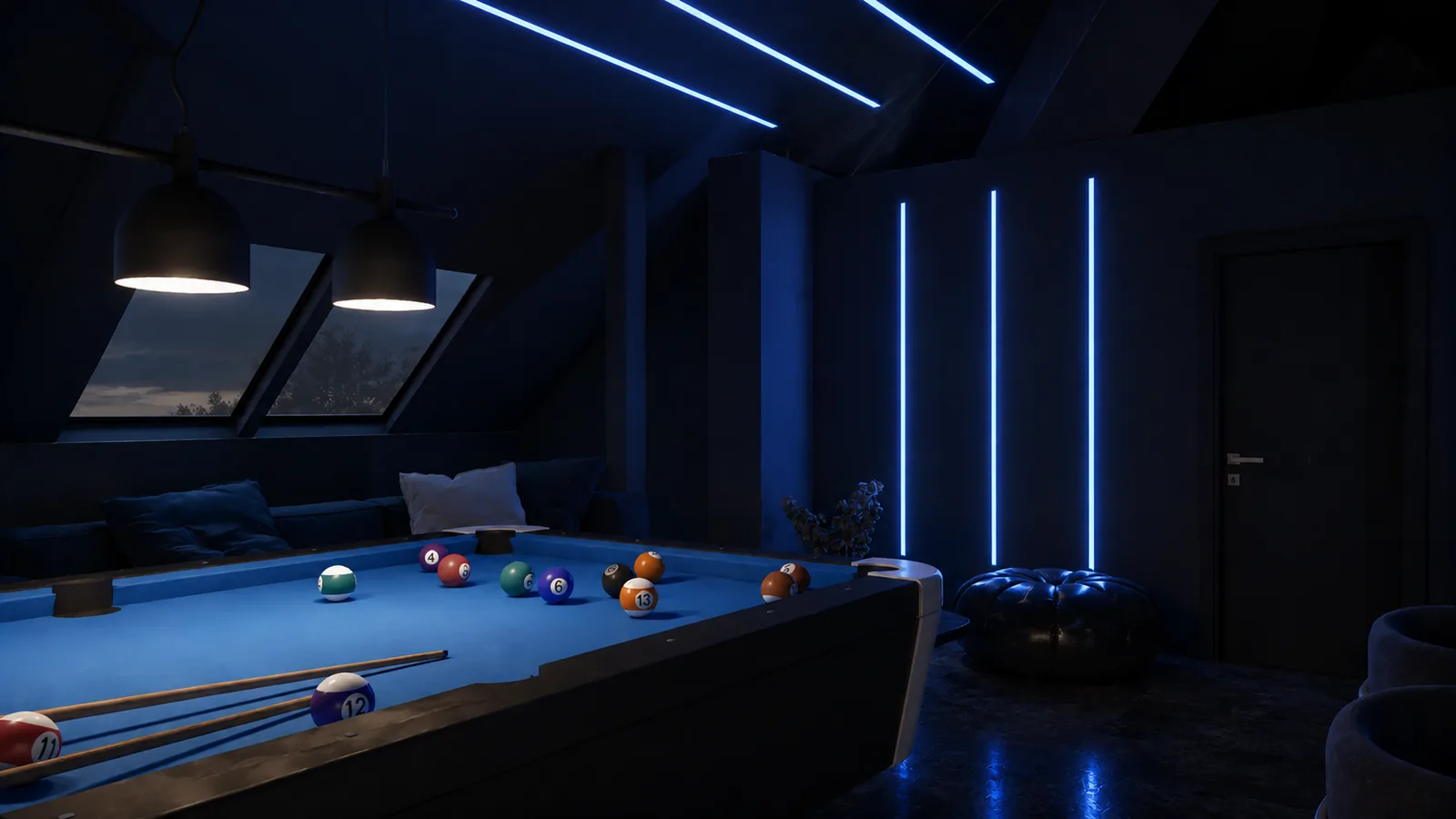 6 Pokój z bilardem w wieczornym świetle niebieskich taśm LED — dom 200 m², Radom