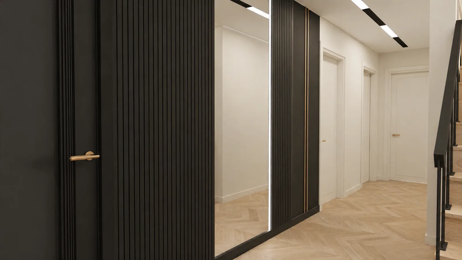 Czarna ryflowana zabudowa ze złotą klamką i podłogą w jodełkę — dom 200 m², Radom