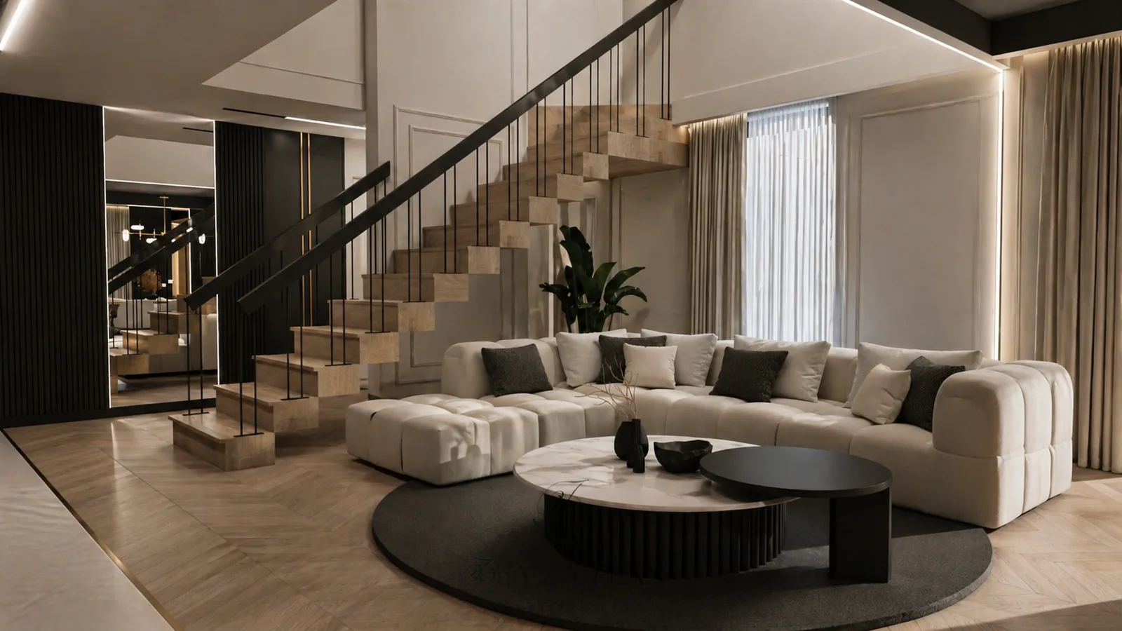 Dwukondygnacyjny salon z modułową sofą boucle i schodami z trawertynu — dom 200 m², Radom