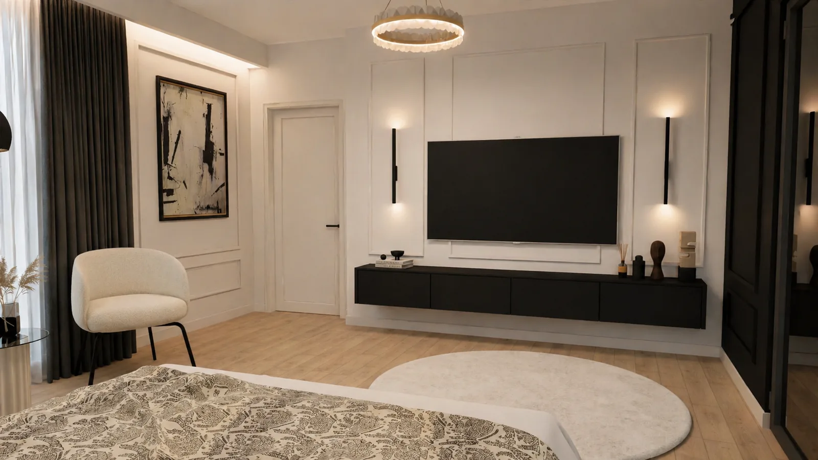 Sypialnia z telewizorem na białej boazerii i czarną wiszącą komodą — dom 200 m², Radom