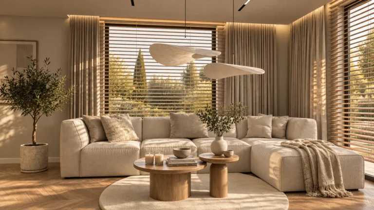 Jasny, przestronny salon w stylu japandi — beżowa sofa modułowa, drewniane stoliki kawowe i drzewko oliwne przy dużym oknie z żaluzjami, widok na ogród