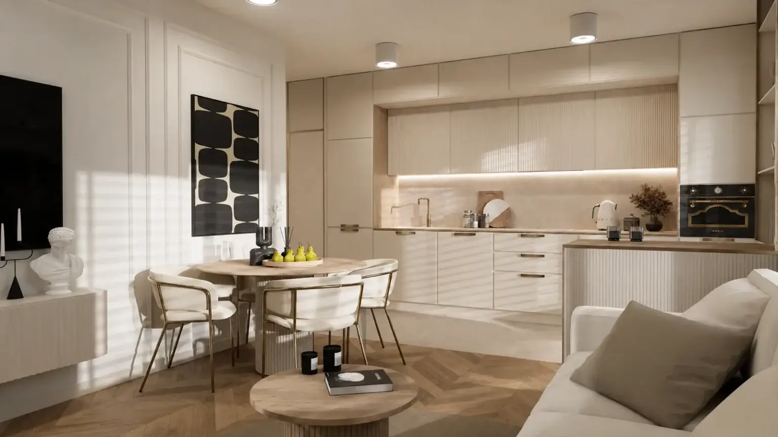 Jasna zabudowa kuchenna z ryflowaniem i piekarnikiem w stylu retro — mieszkanie 63 m², Radom