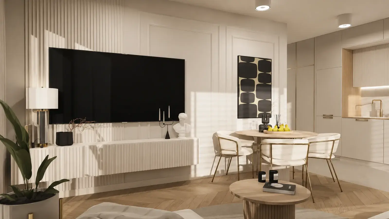 Ściana z telewizorem i sztukaterią, w tle jadalnia i zabudowa kuchenna — mieszkanie 63 m², Radom