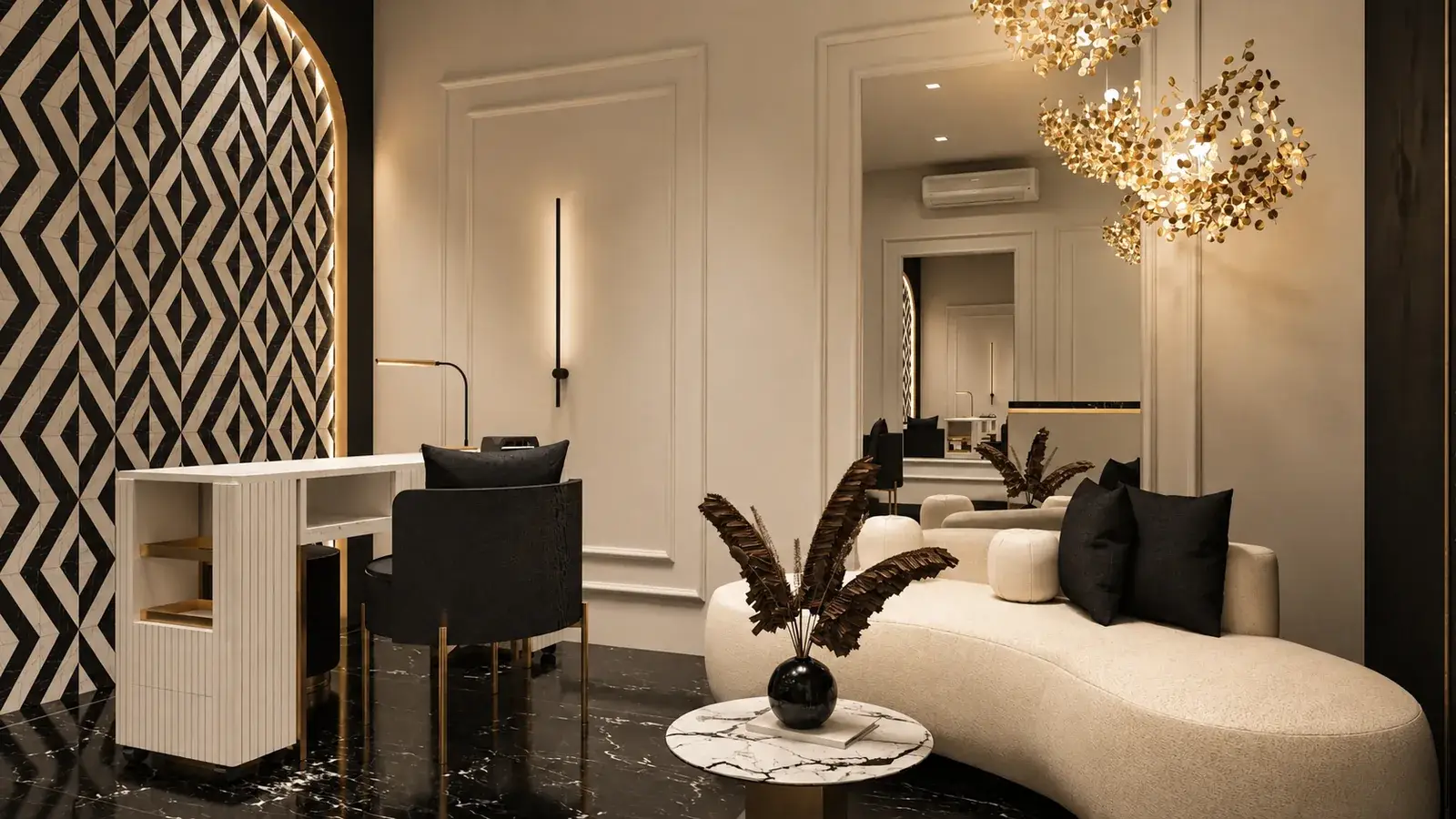 Stanowisko manicure z czarnymi krzesłami przy geometrycznej ścianie, obok kremowa sofa — salon kosmetyczny, Warszawa